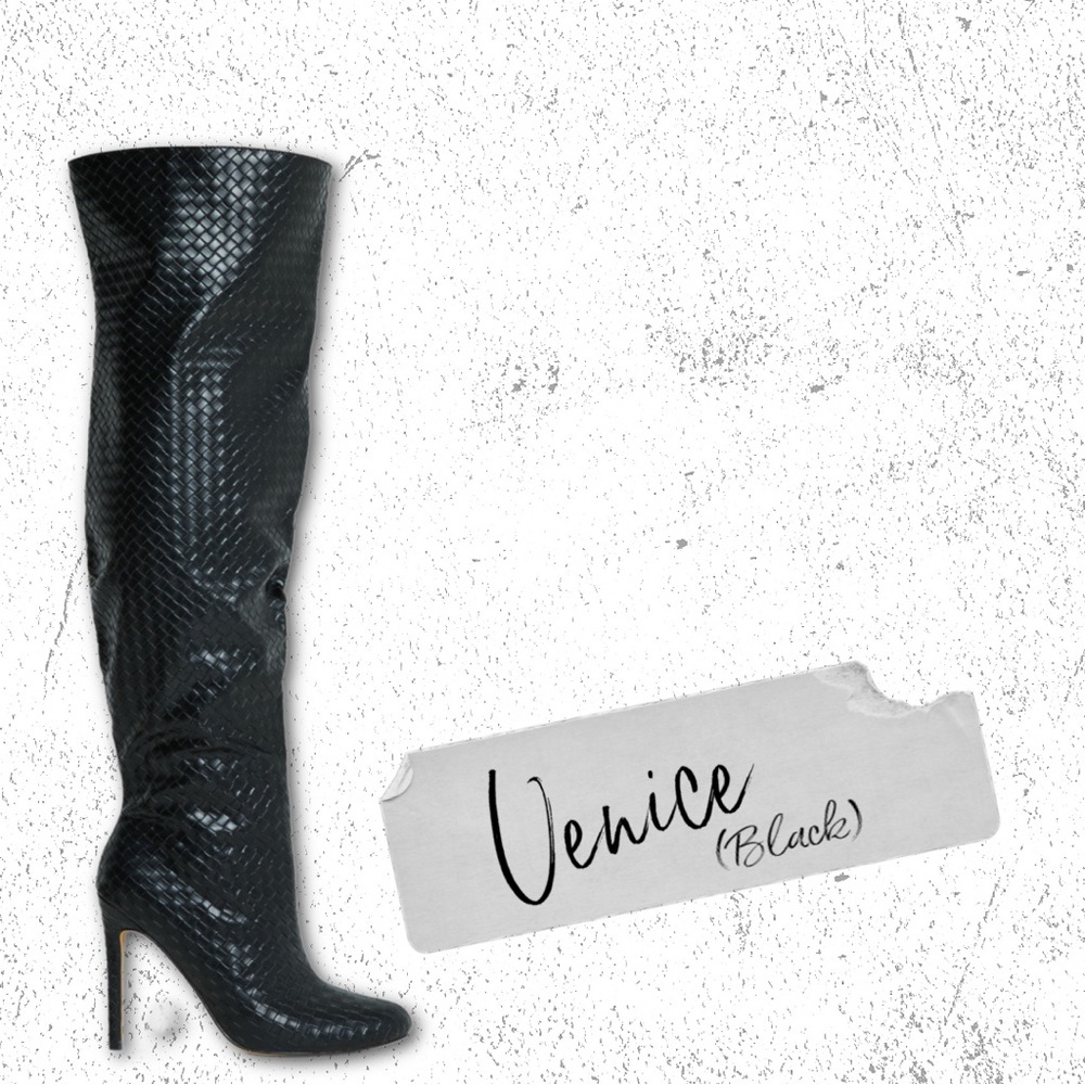 Black thigh high boot with woven detailed vegan leather.